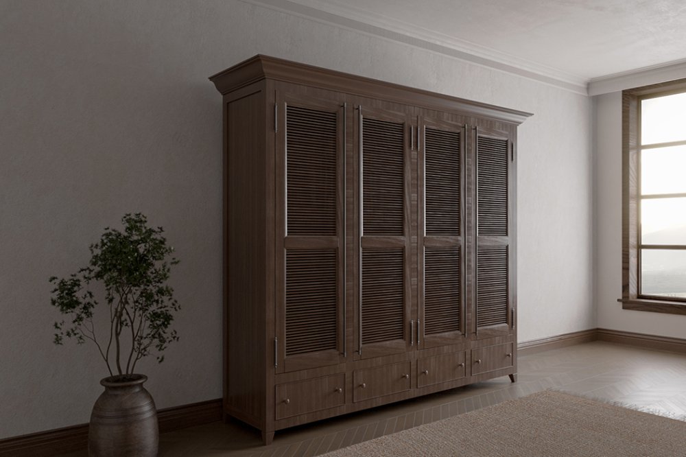 Жалюзийный шкаф из массива дуба на ножках с выдвижными ящиками, ZS-004