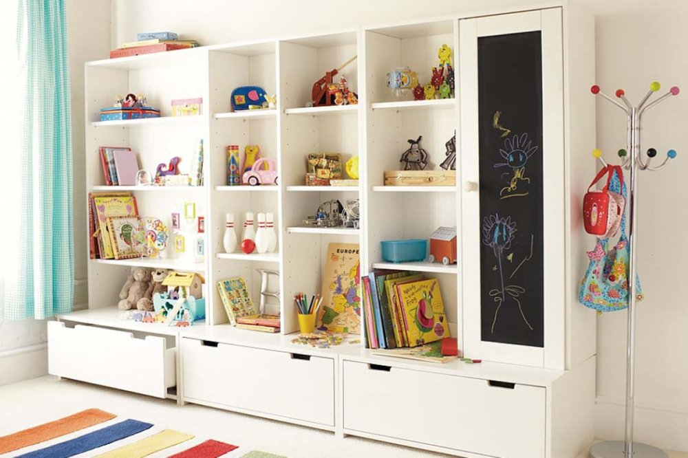 Стеллаж со шкафчиком и выдвижными ящиками в детскую, SD-001