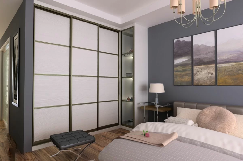 Встроенный угловой шкаф-купе с дверями из лакобеля, стекла и полок с подсветкой, VSK-002