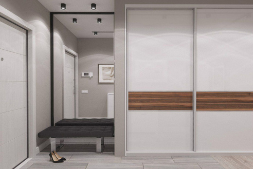 Шкаф-купе в прихожую с дверями из ЛДСП со вставкой + зона прихожей с зеркалом в Z-профиле, SKP-002