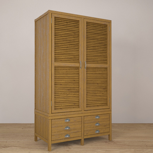Маленький шкаф из массива дуба на ножках с жалюзийными дверцами и выдвижными ящиками, ZS-007