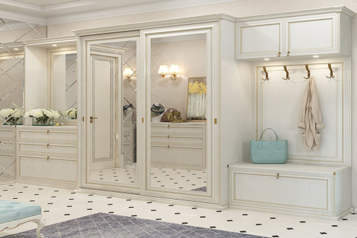 Шкаф-купе с зеркалом и зоной для прихожей из массива дуба, SKP-005