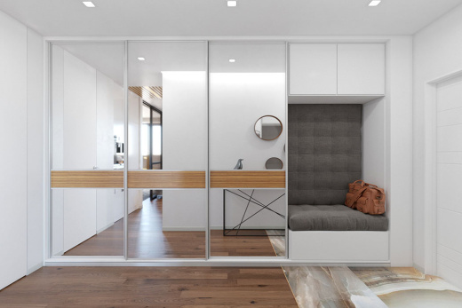 3-х дверный шкаф-купе в прихожую с комбинированными фасадами + зона прихожей с мягкими панелями, SKP-003