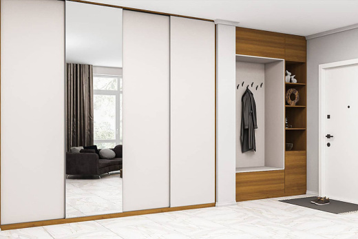 4-х дверный шкаф-купе в прихожую из ЛДСП и зеркала Серебро + зона прихожей с открытыми полками, SKP-006