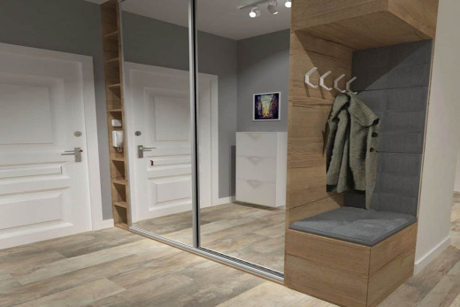 Шкаф-купе в прихожую с зеркальными фасадами, открытыми полками и зоной для верхней одежды из ЛДСП, SKP-008