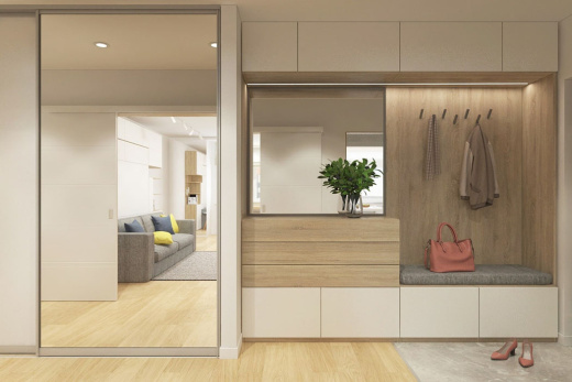 Шкаф-купе в прихожую из ЛДСП и зеркала + прихожая с комодом и зеркалом в Z-профиле, SKP-007