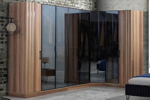 Угловой шкаф с фасадами из тонированного стекла Бронза, алюминиевый Z-профиль, US-009