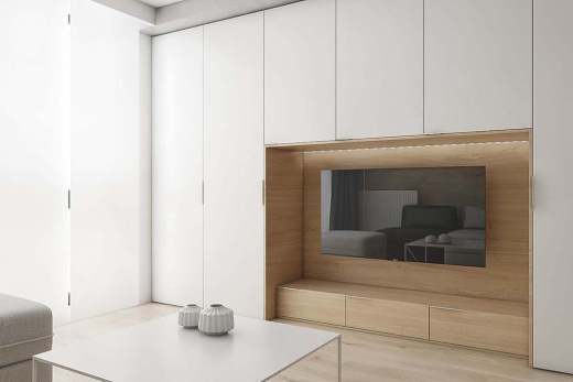 Распашной встроенный шкаф в гостиную с зоной для ТВ, VS-006